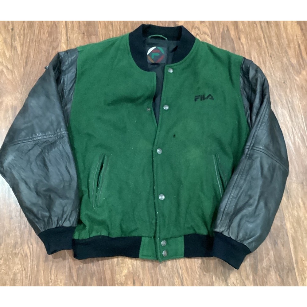 VINTAGE FILA BOMBER JACKET XL GREEN FAUX LEATHER SPELL OUT HIP HOP 2PAC 90s